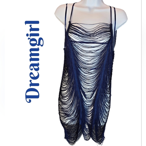 Dreamgirl Womens Fringe Chemise Sz M Navy Blue Adjustable Back Strap Glamour - Picture 1 of 14